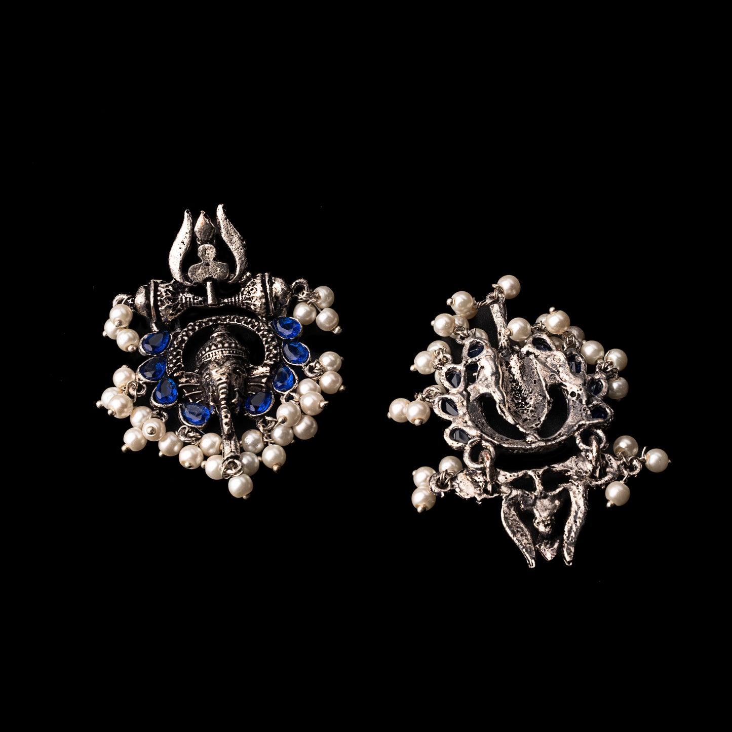 Blue Stone Studded Beautiful Ganesha Earrings With Hanging Baby Pearls