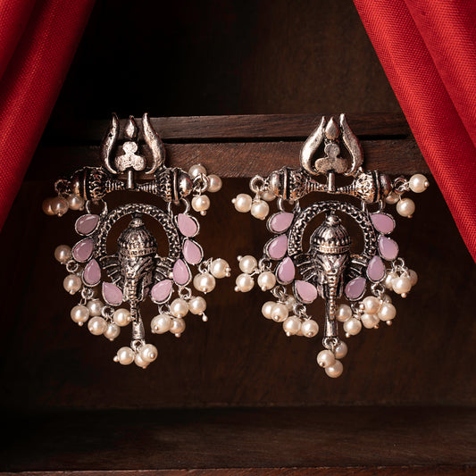 Baby Pink Stone Studded Beautiful Ganesha Earrings With Hanging Baby Pearls