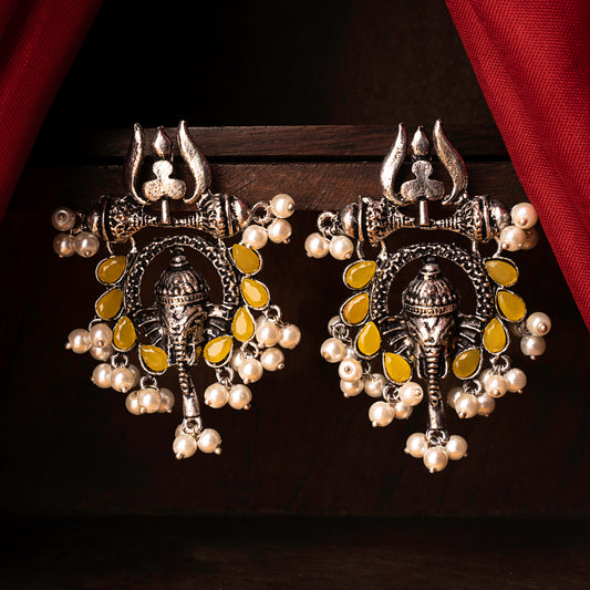 Yellow Stone Studded Beautiful Ganesha Earrings With Hanging Baby Pearls