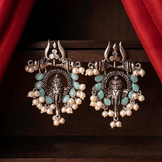 Mint Stone Studded Beautiful Ganesha Earrings With Hanging Baby Pearls