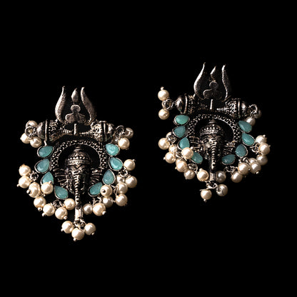 Mint Stone Studded Beautiful Ganesha Earrings With Hanging Baby Pearls