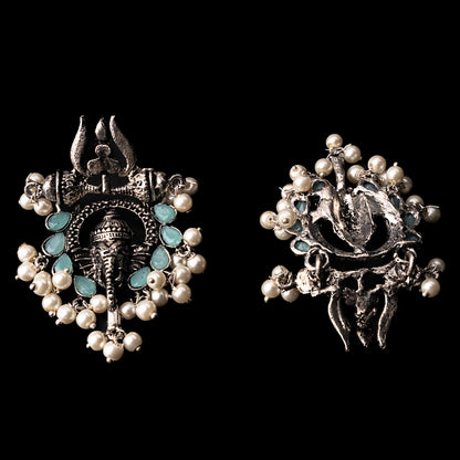 Mint Stone Studded Beautiful Ganesha Earrings With Hanging Baby Pearls