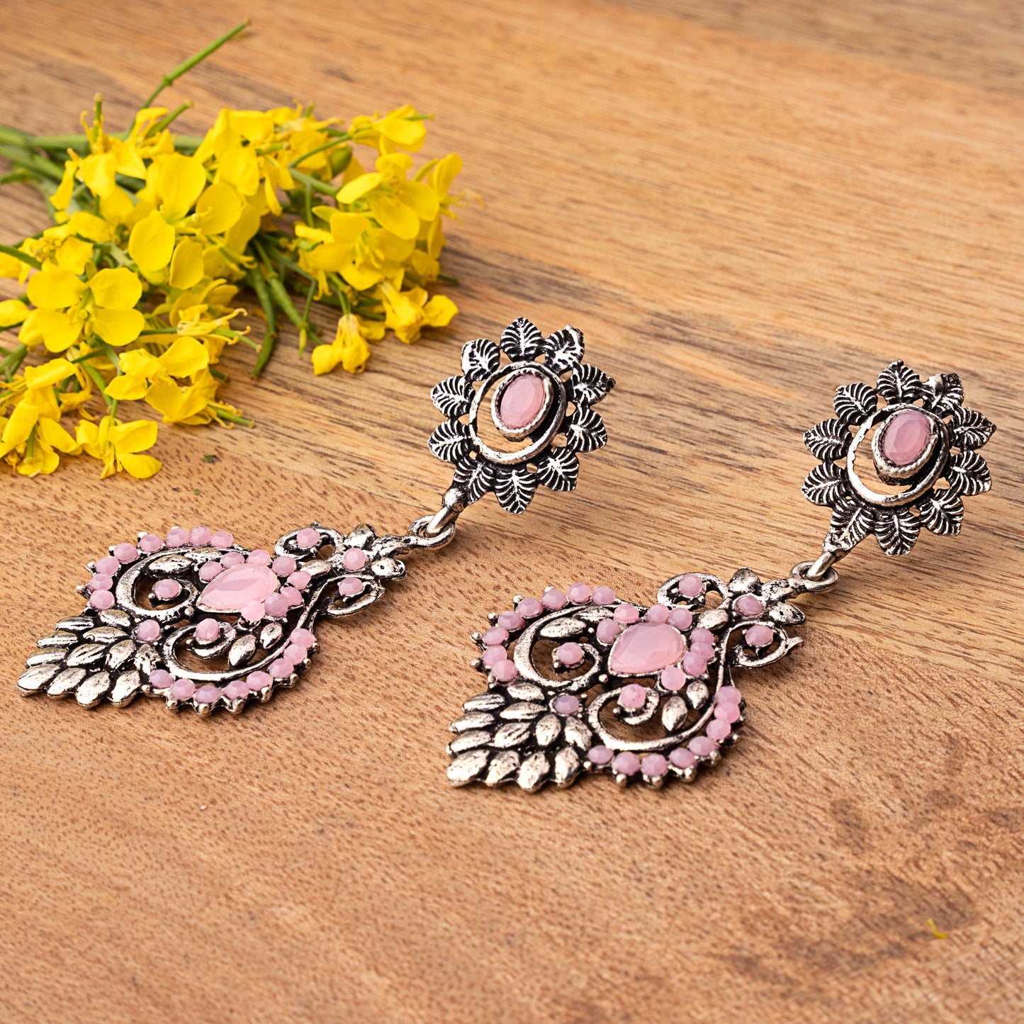 Baby Pink Stone Studded Statement Oxidised Earrings