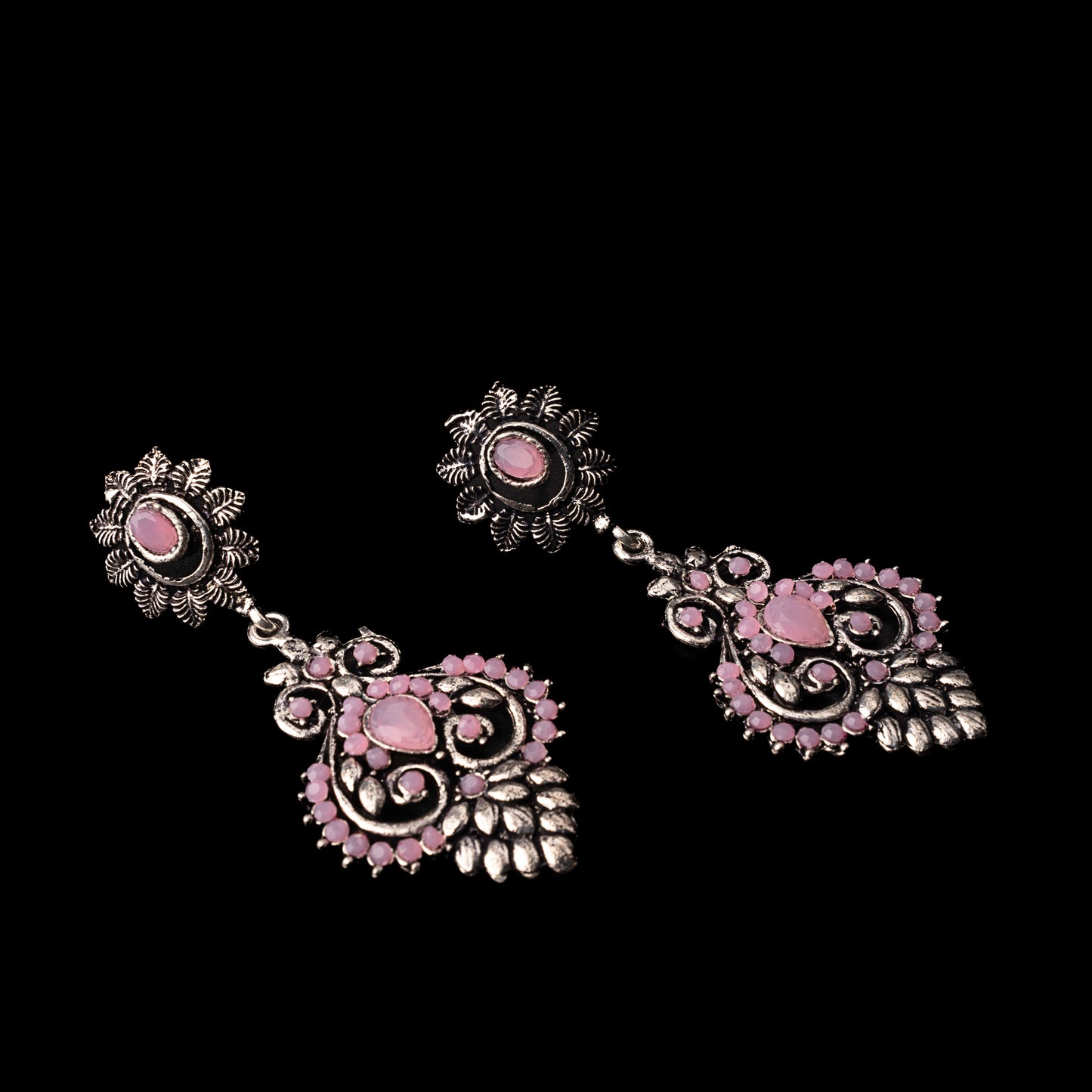 Baby Pink Stone Studded Statement Oxidised Earrings