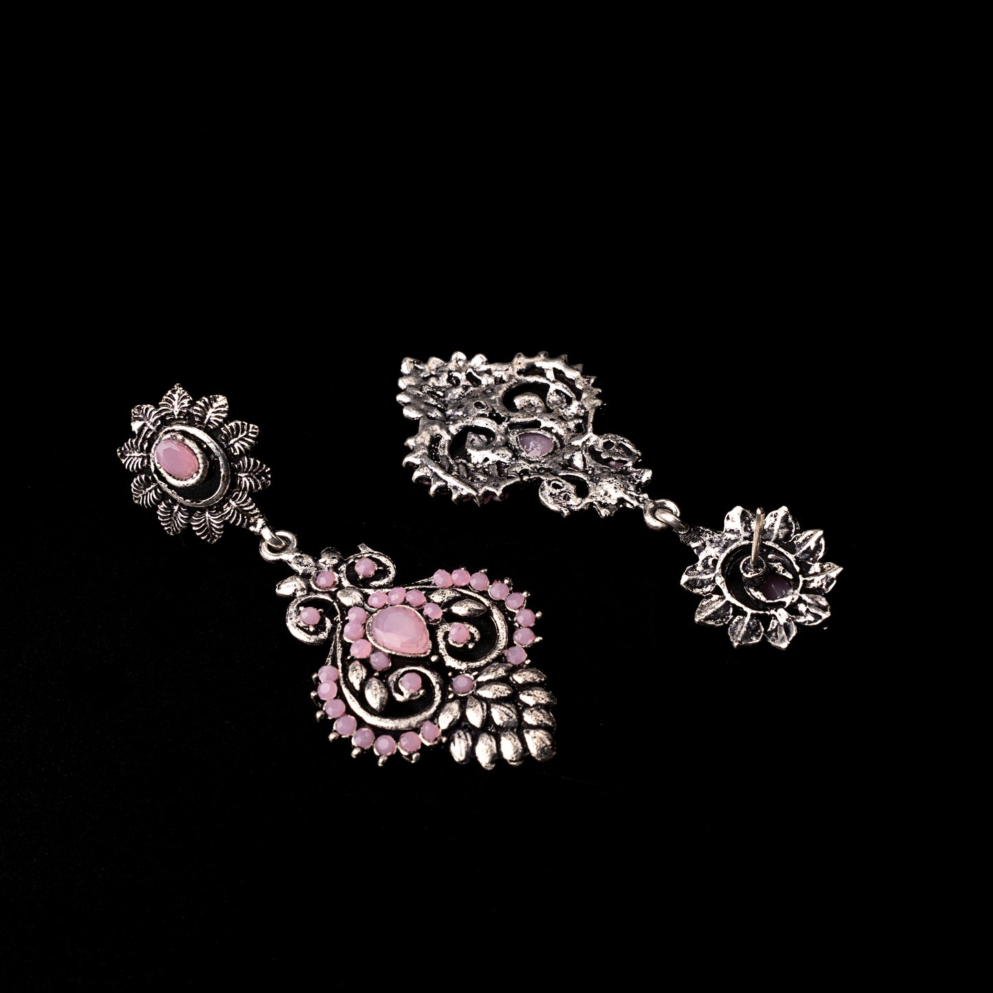 Baby Pink Stone Studded Statement Oxidised Earrings