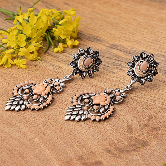 Light Orangish Stone Studded Statement Oxidised Earrings