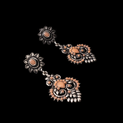 Light Orangish Stone Studded Statement Oxidised Earrings