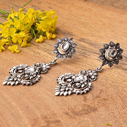 White Stone Studded Statement Oxidised Earrings