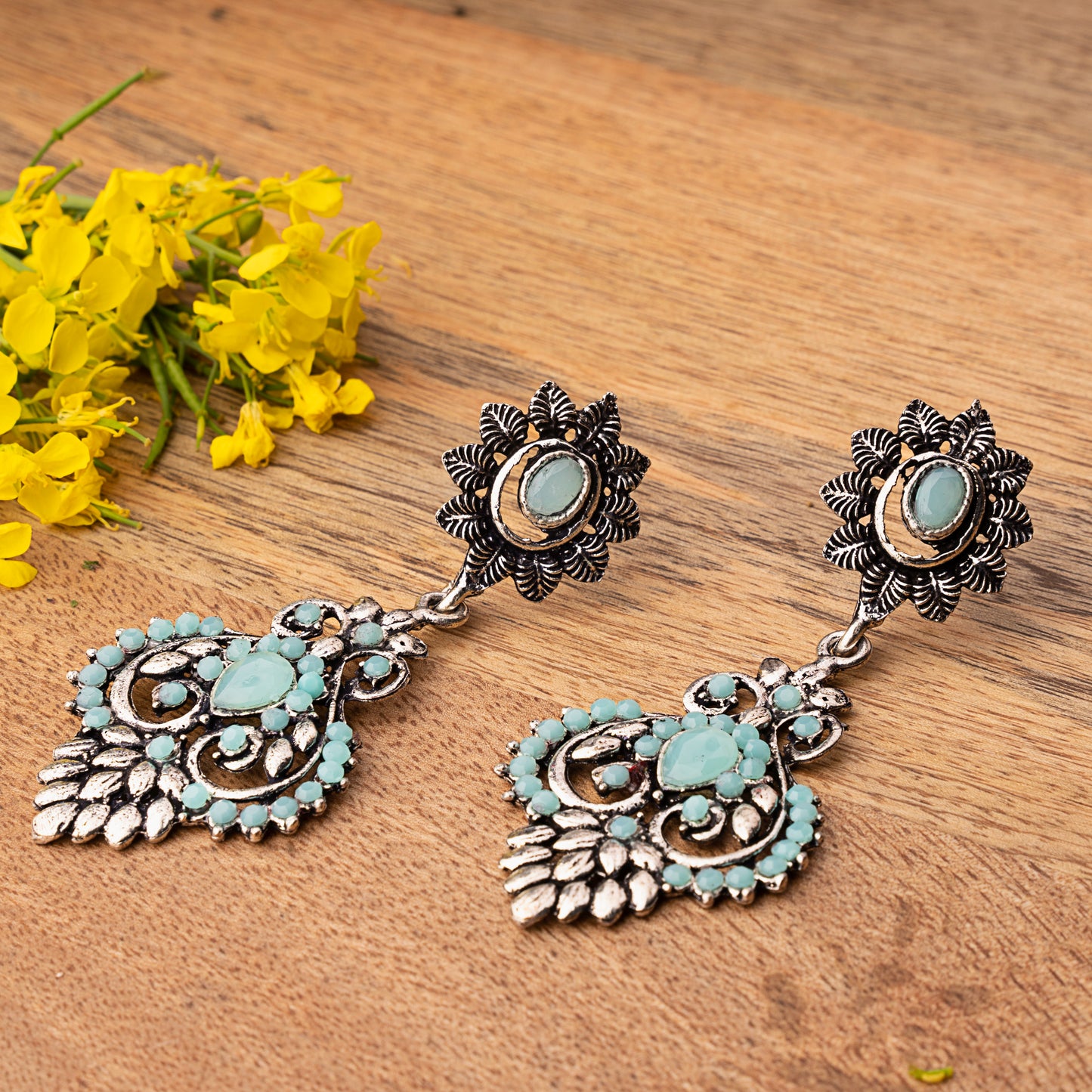 Mint Stone Studded Statement Oxidised Earrings