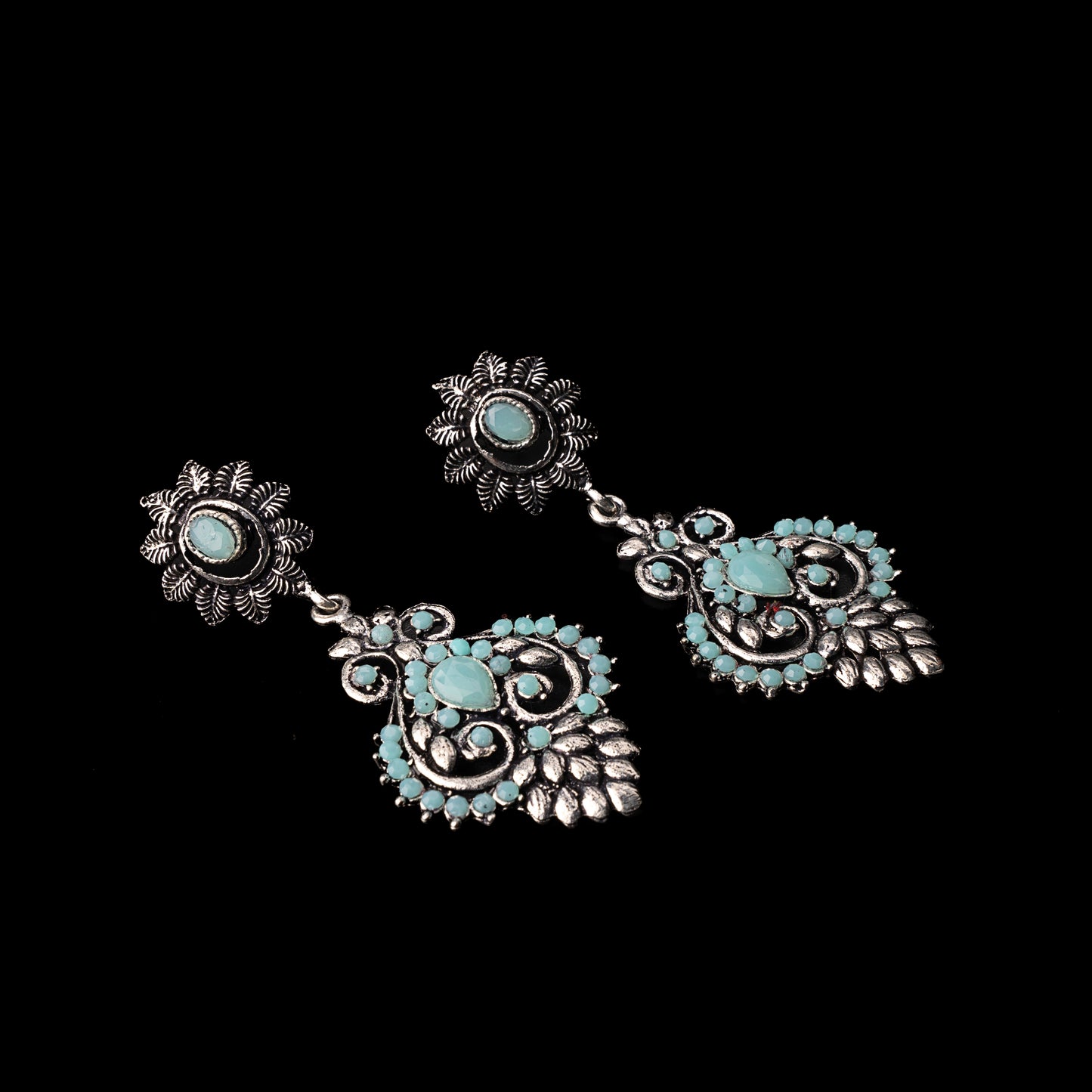 Mint Stone Studded Statement Oxidised Earrings