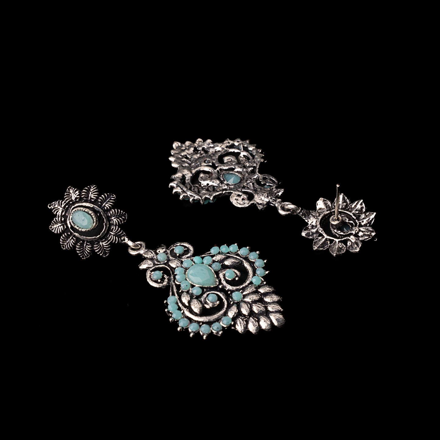 Mint Stone Studded Statement Oxidised Earrings