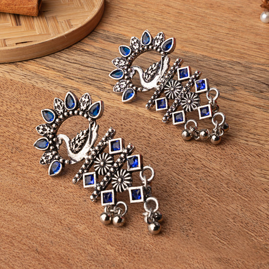 Blue Stone Studded Peacock Motif Light Earrings