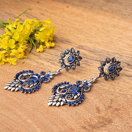 Blue Stone Studded Statement Oxidised Earrings