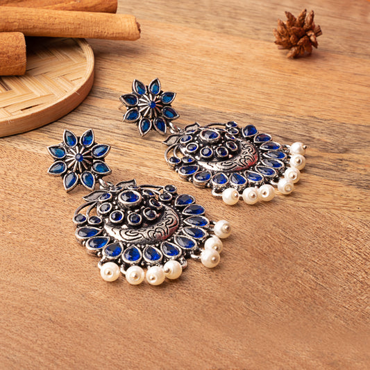 Blue Stone Studded Statement Oxidised Earrings With Hanging Pearls