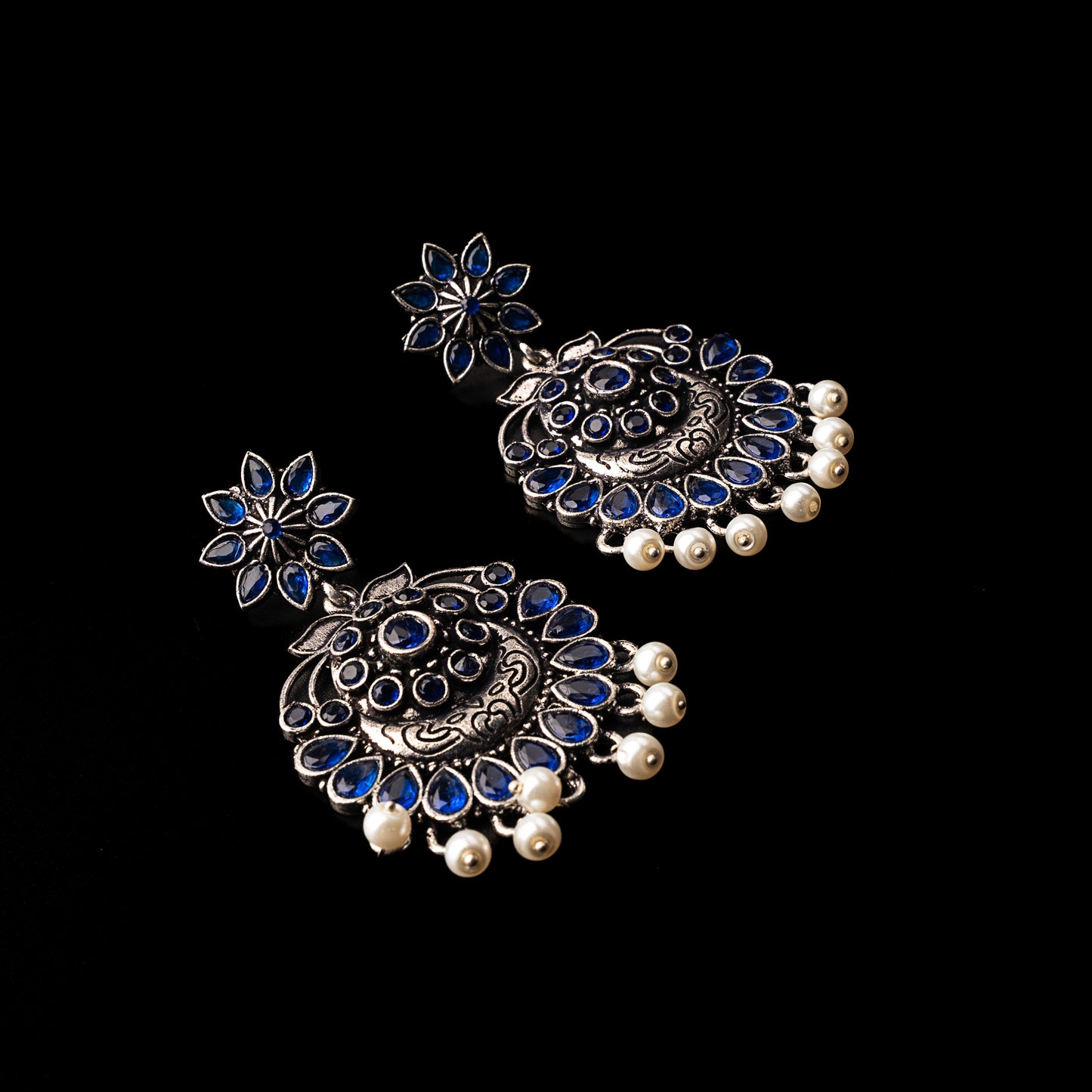 Blue Stone Studded Statement Oxidised Earrings With Hanging Pearls