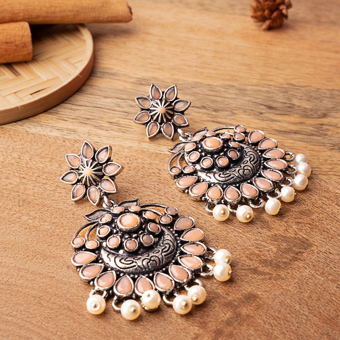 Light Orangish Stone Studded Statement Oxidised Earrings With Hanging Pearls