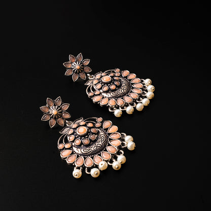 Light Orangish Stone Studded Statement Oxidised Earrings With Hanging Pearls