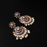 Light Orangish Stone Studded Statement Oxidised Earrings With Hanging Pearls