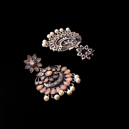 Light Orangish Stone Studded Statement Oxidised Earrings With Hanging Pearls