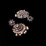 Light Orangish Stone Studded Statement Oxidised Earrings With Hanging Pearls