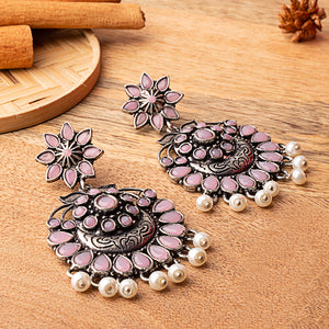 Baby Pink Stone Studded Statement Oxidised Earrings With Hanging Pearls