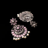 Baby Pink Stone Studded Statement Oxidised Earrings With Hanging Pearls