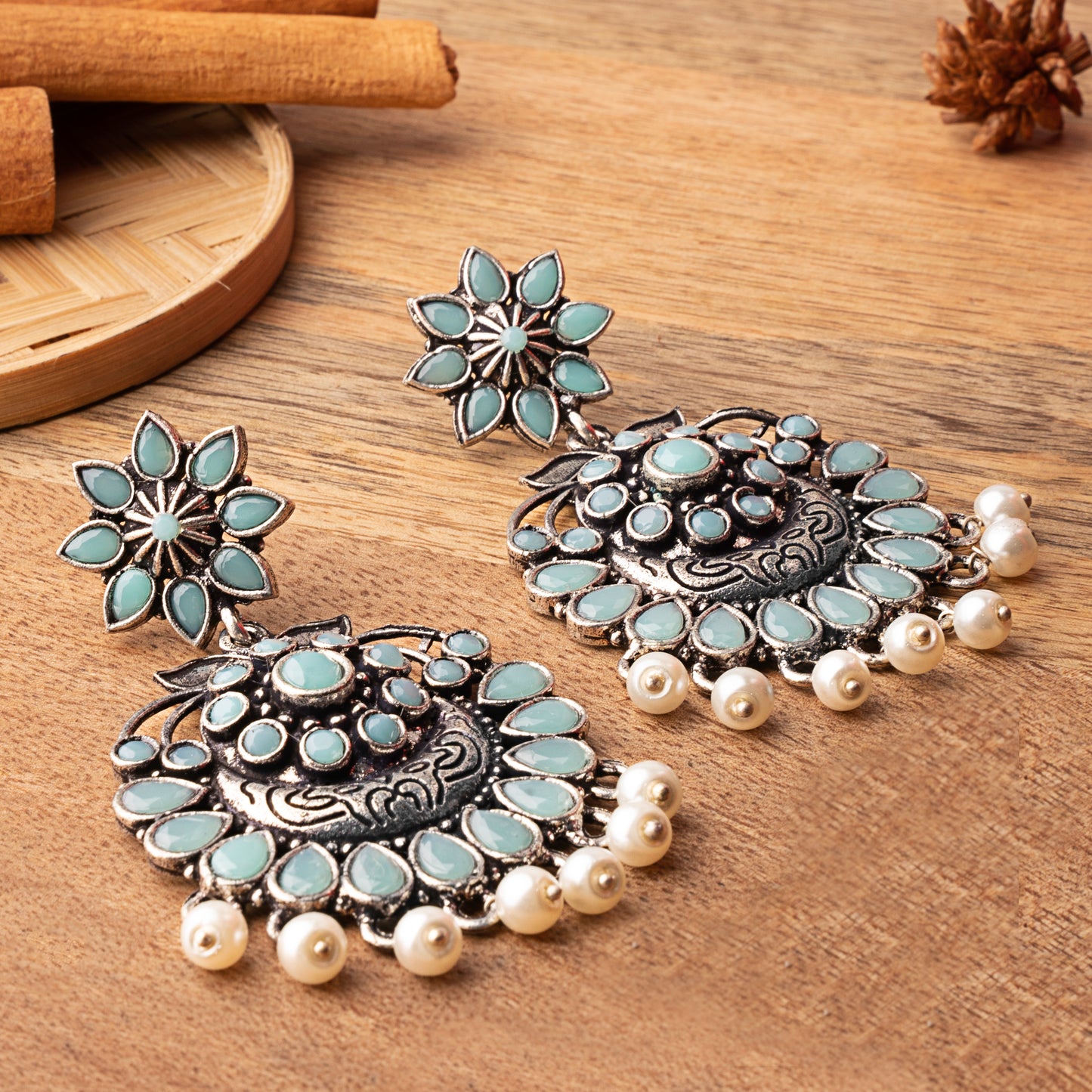 Mint Stone Studded Statement Oxidised Earrings With Hanging Pearls