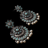 Mint Stone Studded Statement Oxidised Earrings With Hanging Pearls
