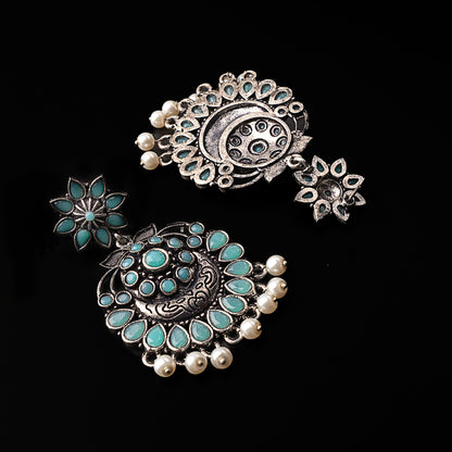 Mint Stone Studded Statement Oxidised Earrings With Hanging Pearls