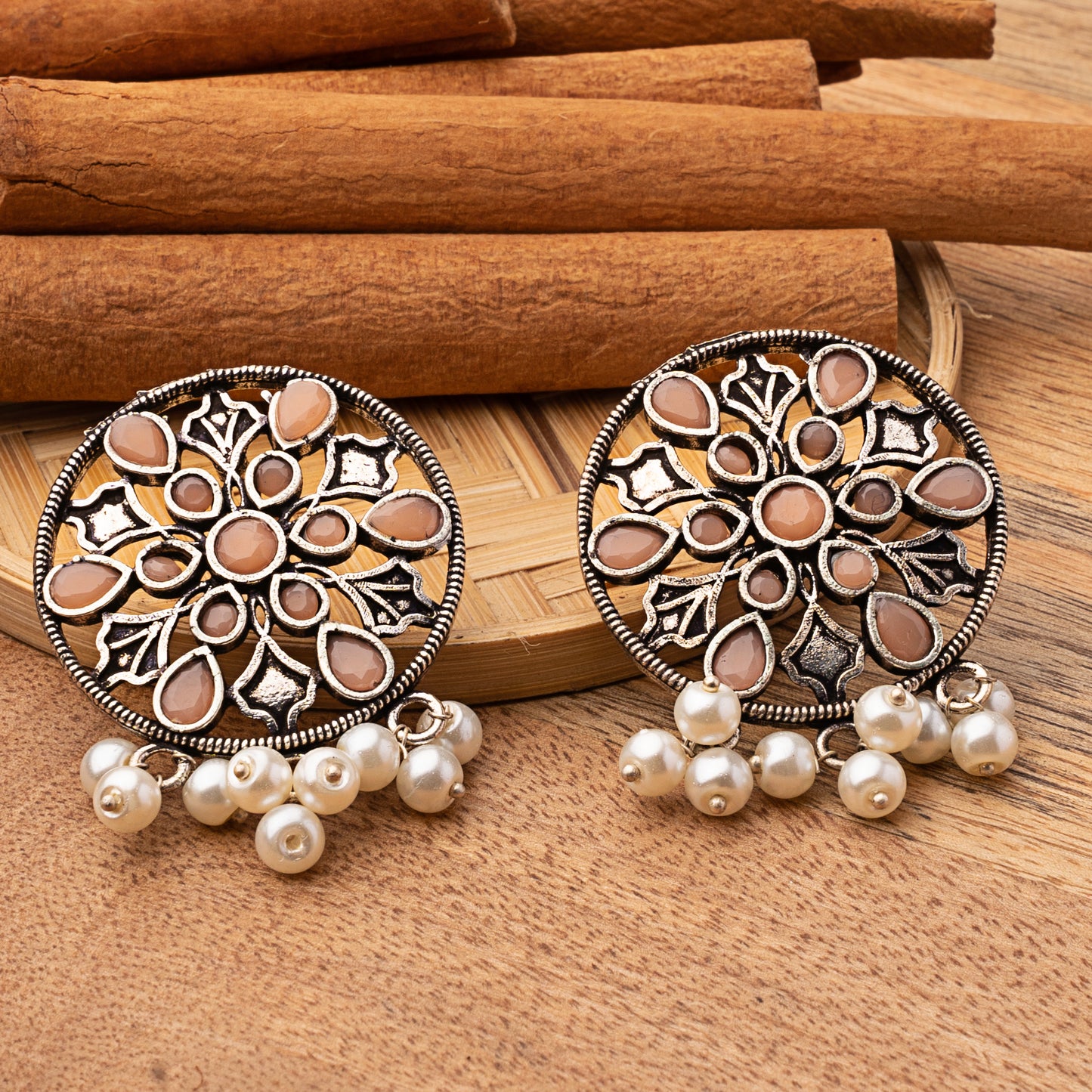 Light Orangish Stone Studded Circular Studs