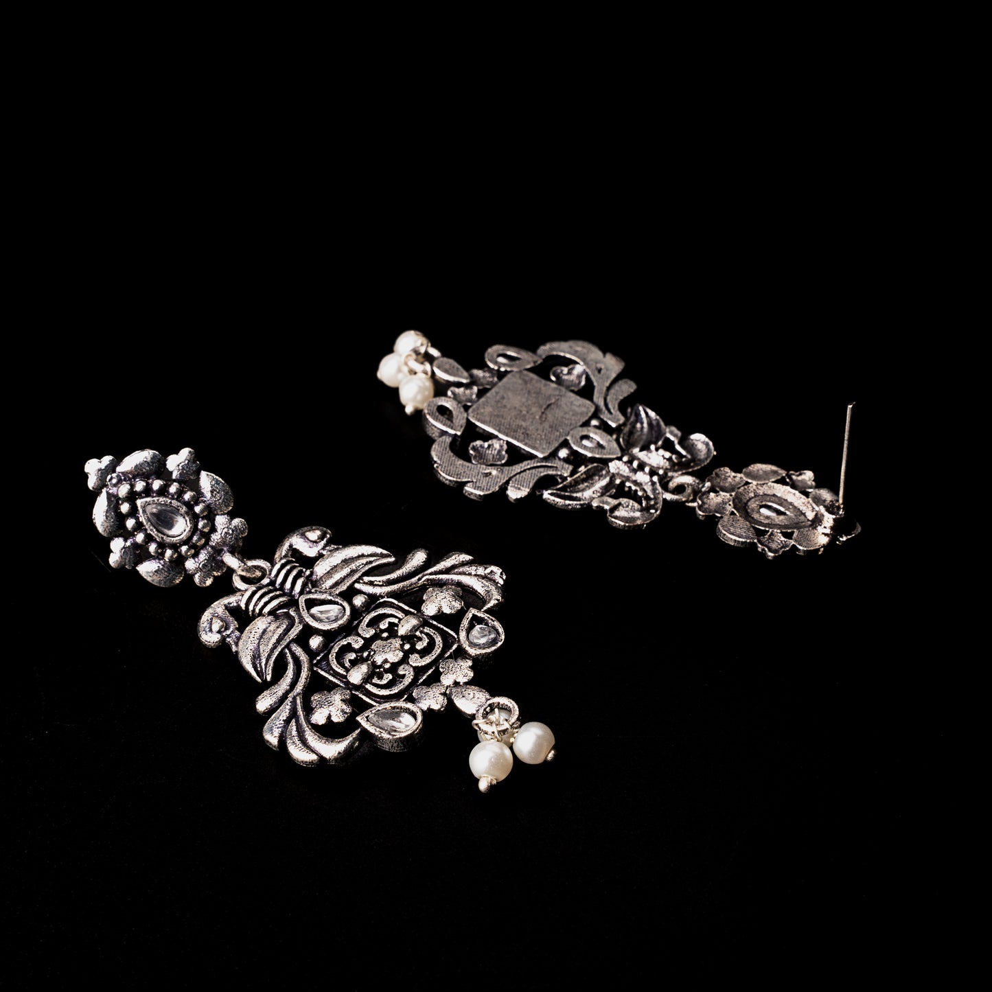 White Stone Studded Oxidised Earrings With Hanging Pearls