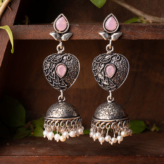 Baby Pink Stone Studded Danglers With Hanging Jhumka