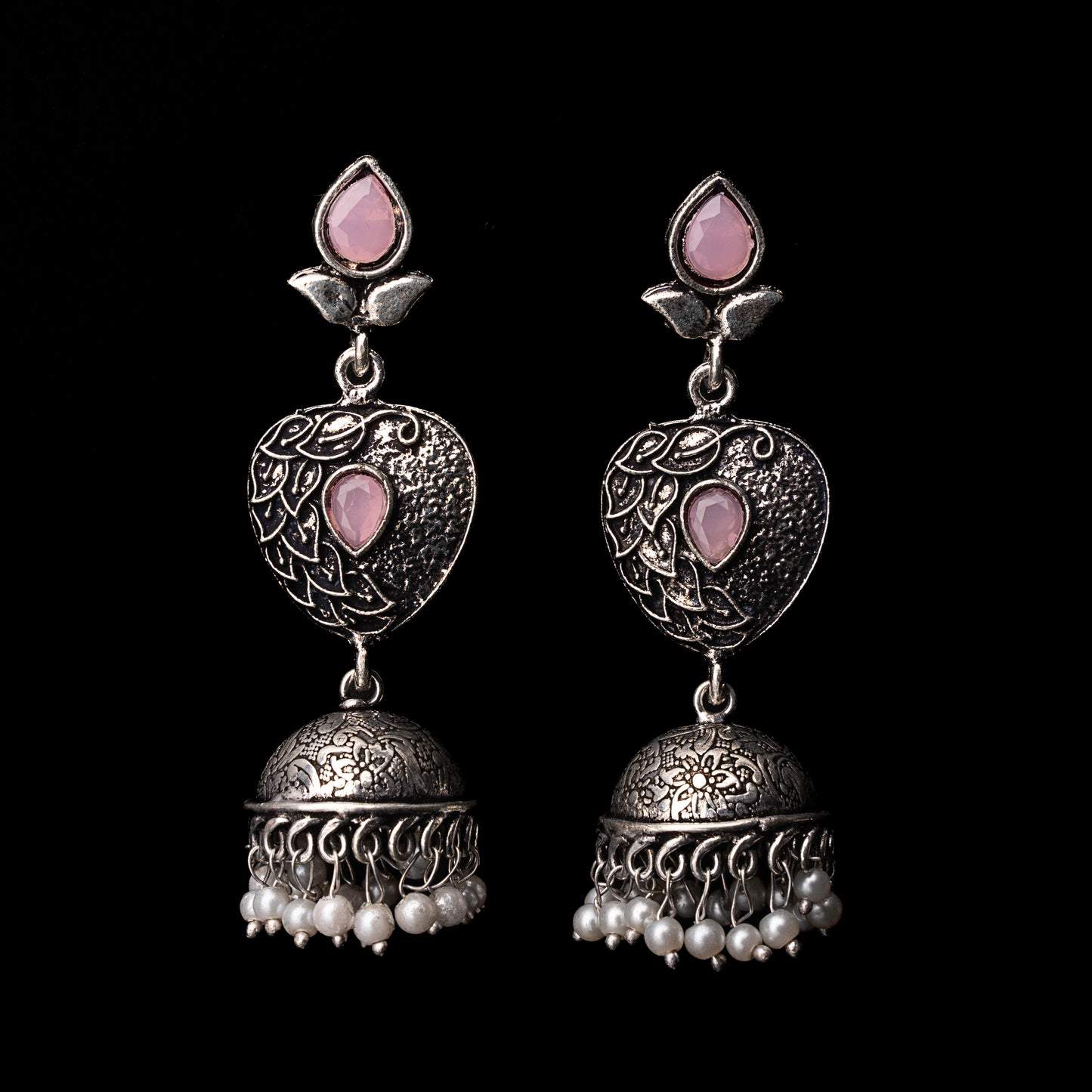 Baby Pink Stone Studded Danglers With Hanging Jhumka