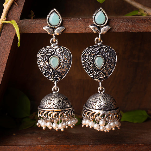 Mint Stone Studded Danglers With Hanging Jhumka