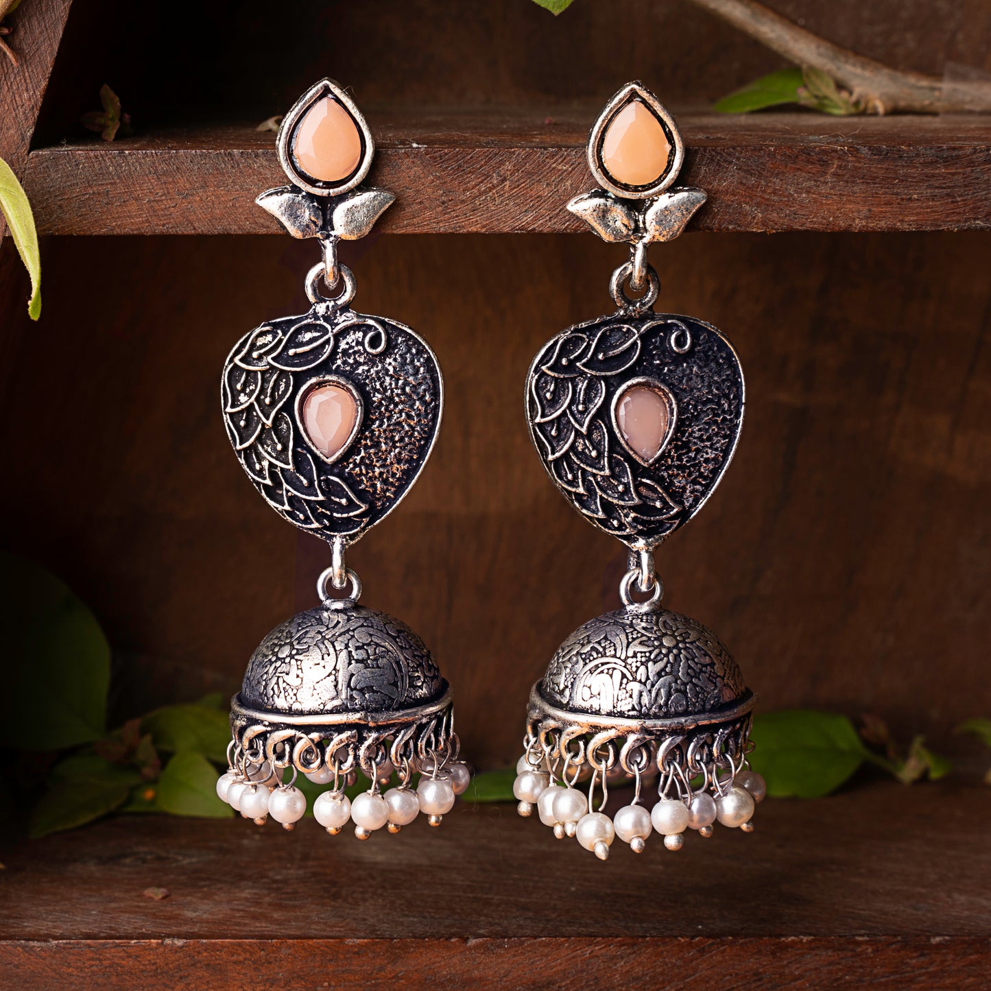 Light Orangish Stone Studded Danglers With Hanging Jhumka