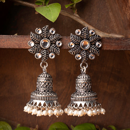 White Stone Studded Oxidised Earrings With Hanging Pearls