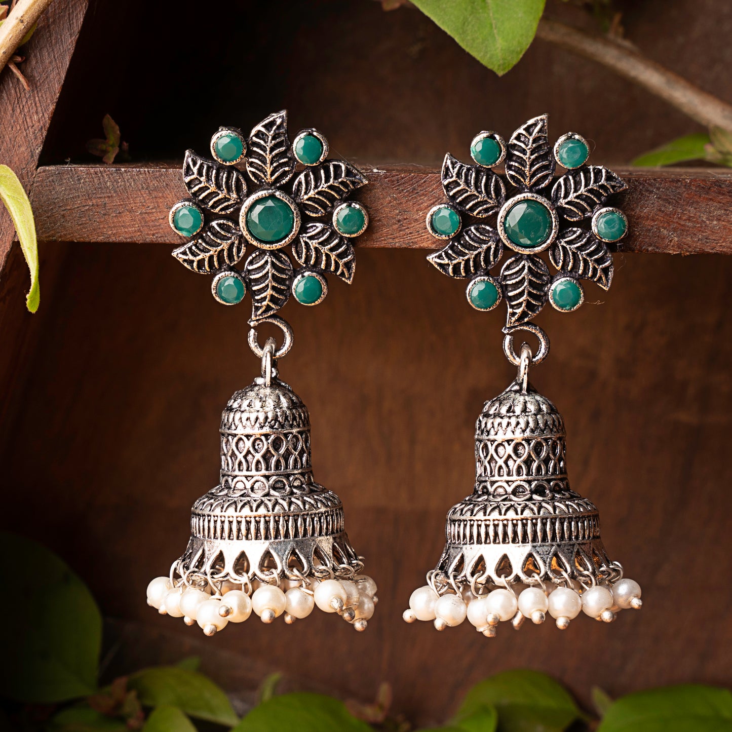 Green Stone Studded Oxidised Earrings With Hanging Pearls