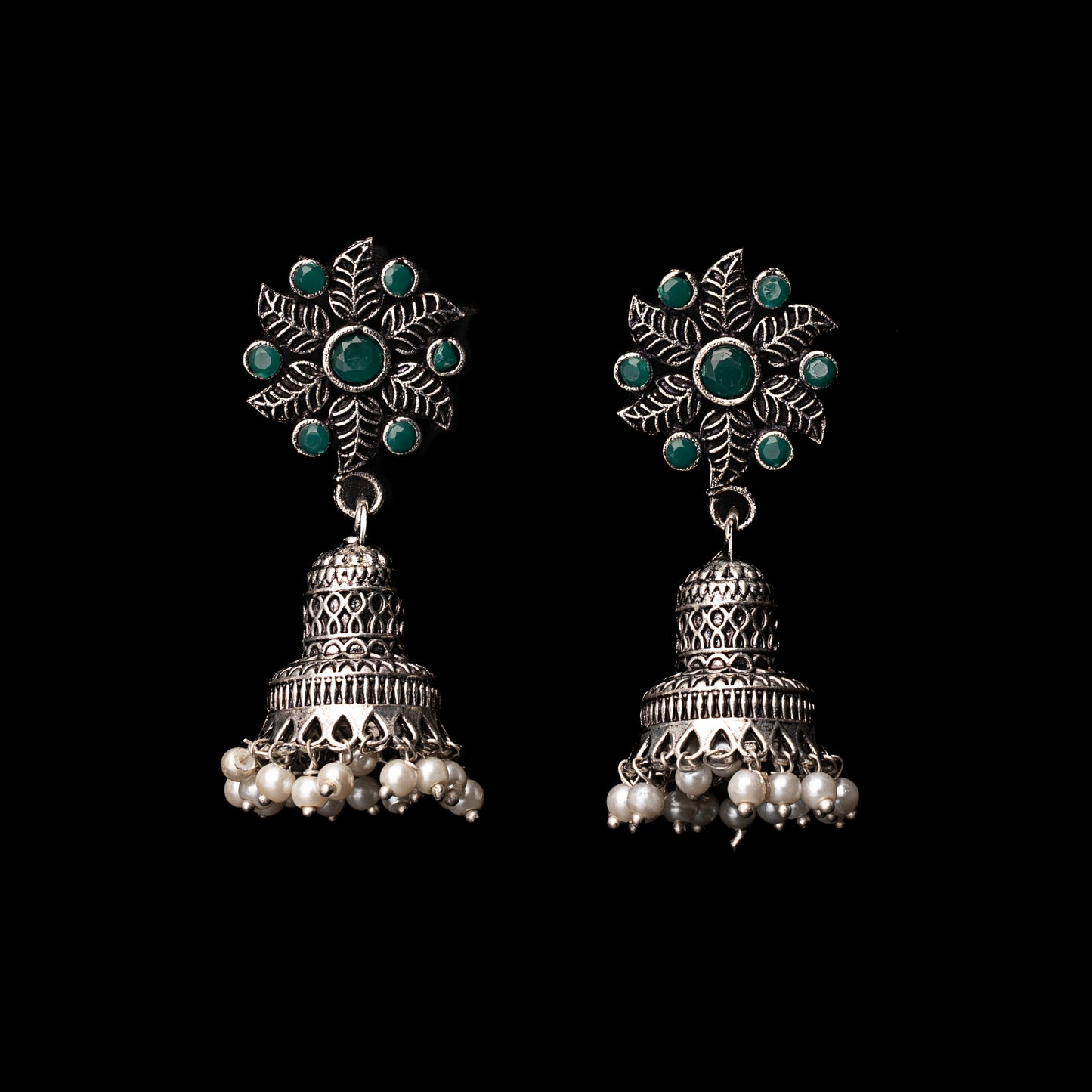 Green Stone Studded Oxidised Earrings With Hanging Pearls