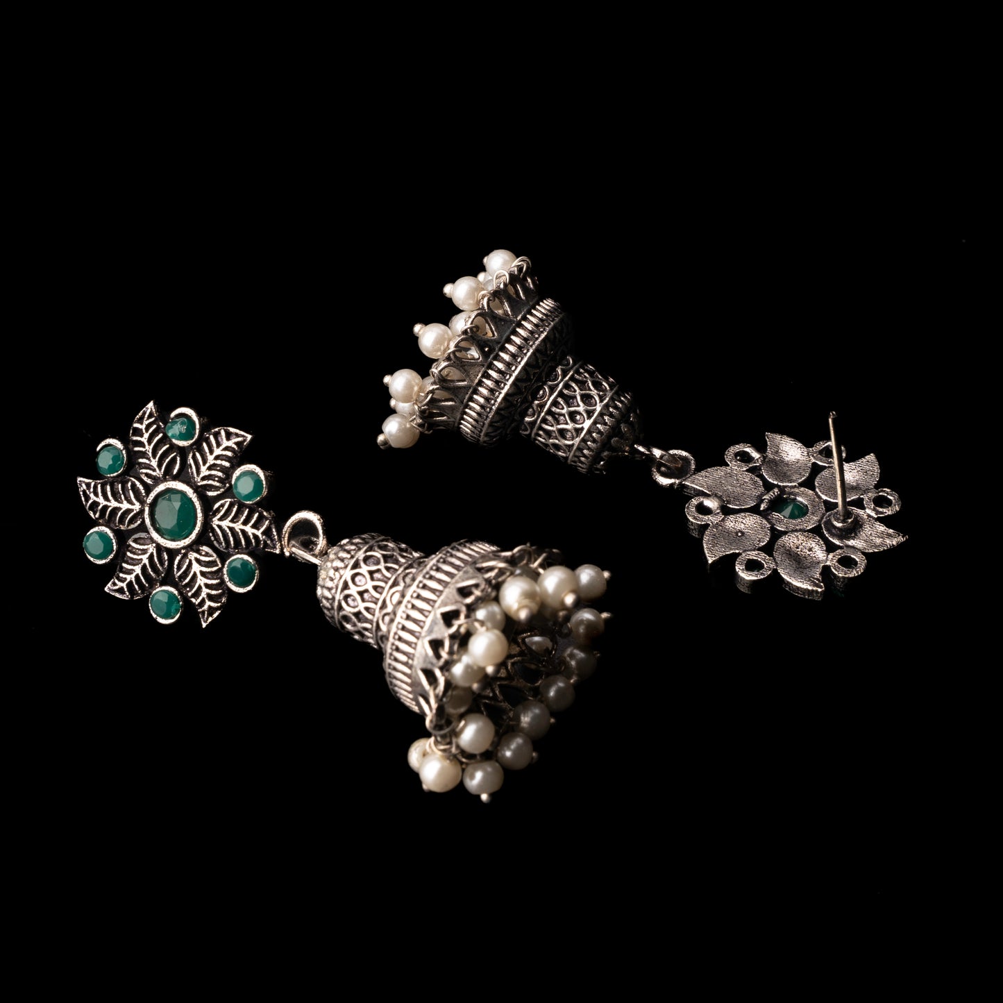 Green Stone Studded Oxidised Earrings With Hanging Pearls