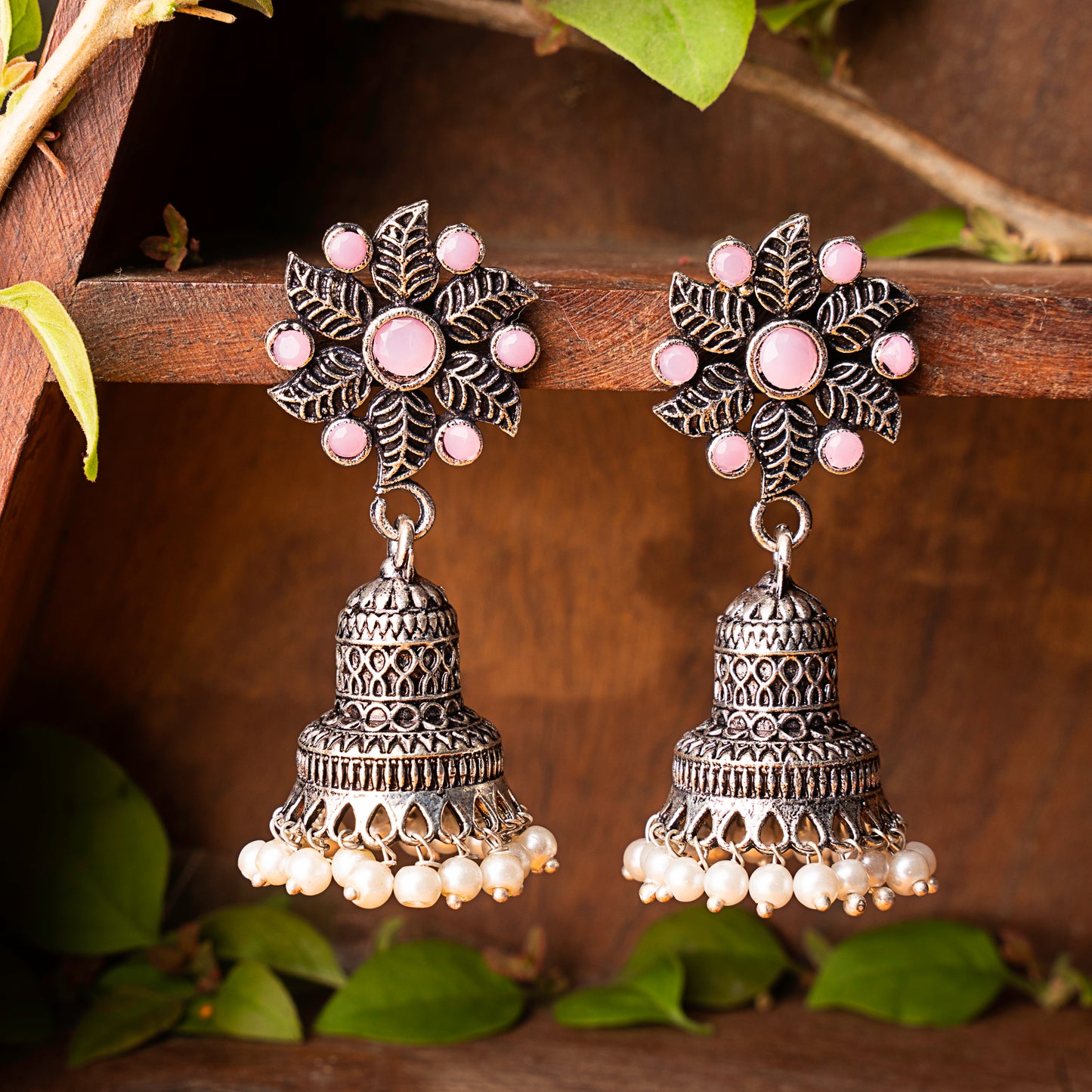 Baby Pink Stone Studded Oxidised Earrings With Hanging Pearls