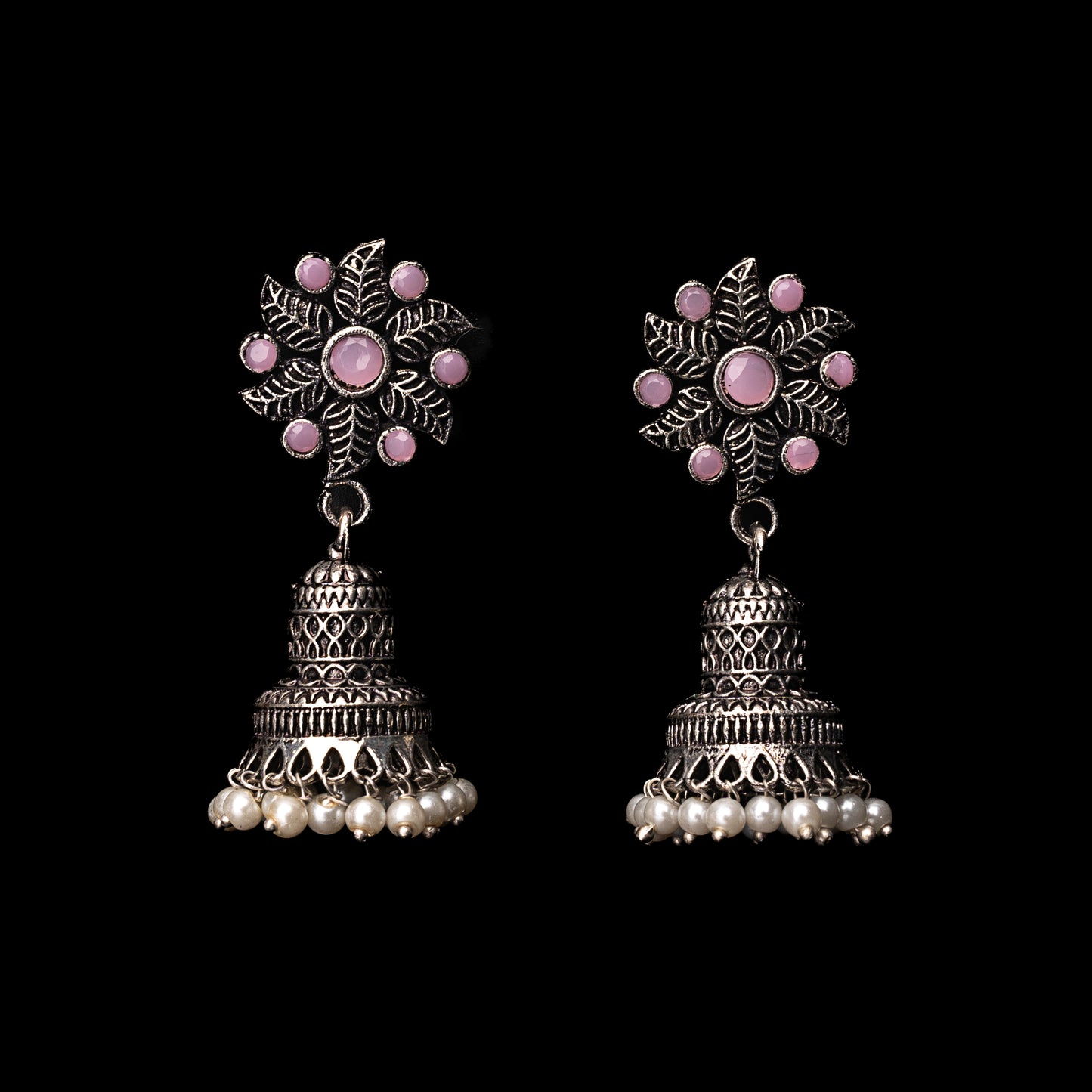 Baby Pink Stone Studded Oxidised Earrings With Hanging Pearls