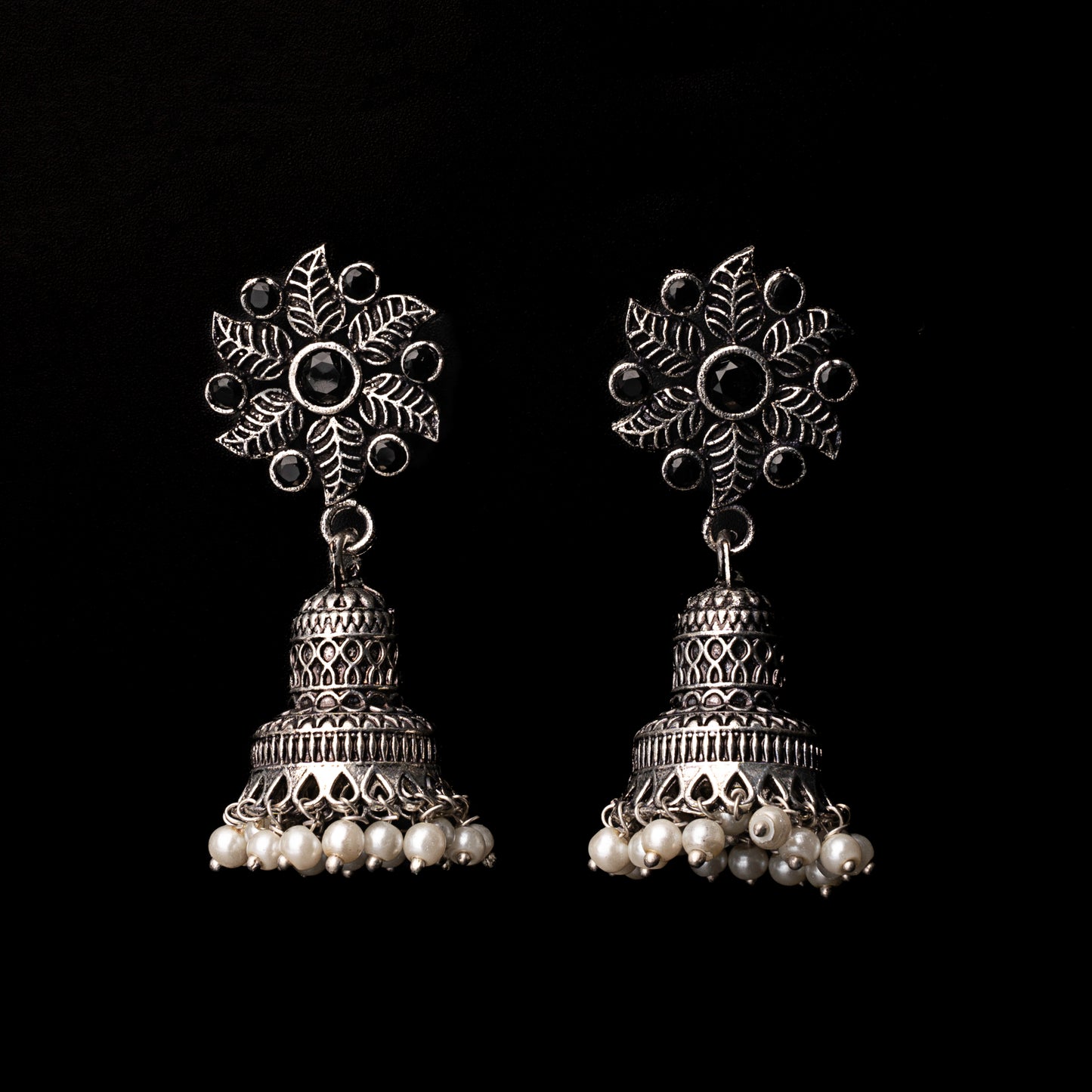 Black Stone Studded Oxidised Earrings With Hanging Pearls