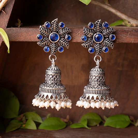 Blue Stone Studded Oxidised Earrings With Hanging Pearls