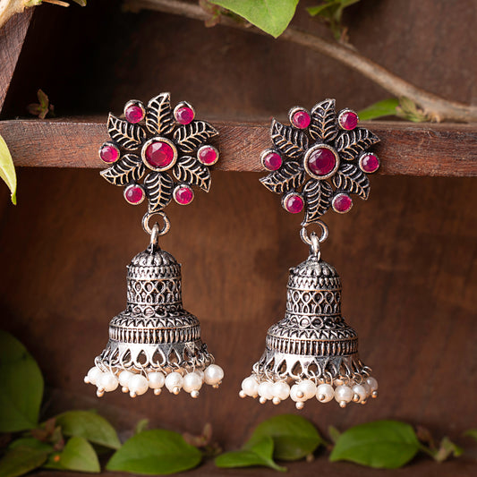 Red Stone Studded Oxidised Earrings With Hanging Pearls