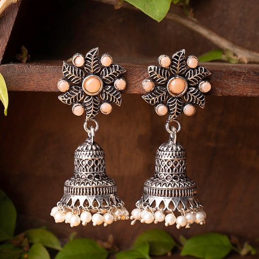 Light Orangish Stone Studded Oxidised Earrings With Hanging Pearls