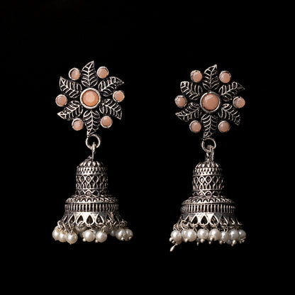 Light Orangish Stone Studded Oxidised Earrings With Hanging Pearls