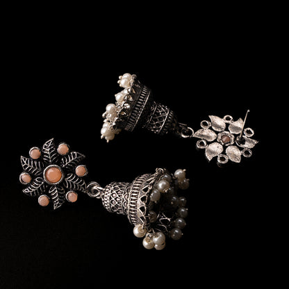 Light Orangish Stone Studded Oxidised Earrings With Hanging Pearls