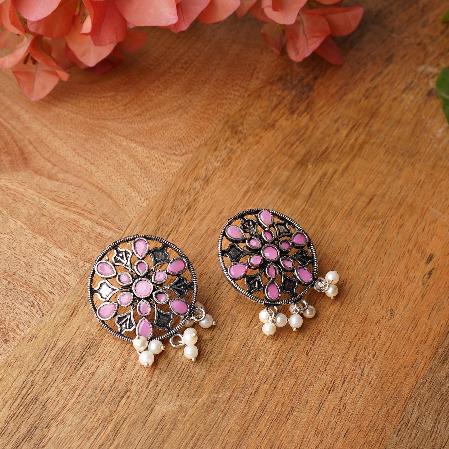 Baby Pink Stone Studded Circular Studs