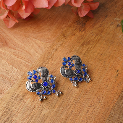 Blue Stone Studded Oxidised Earrings