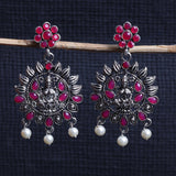Red Stone Studded Laxmi Motif Oxidised Earrings With Hanging Pearls